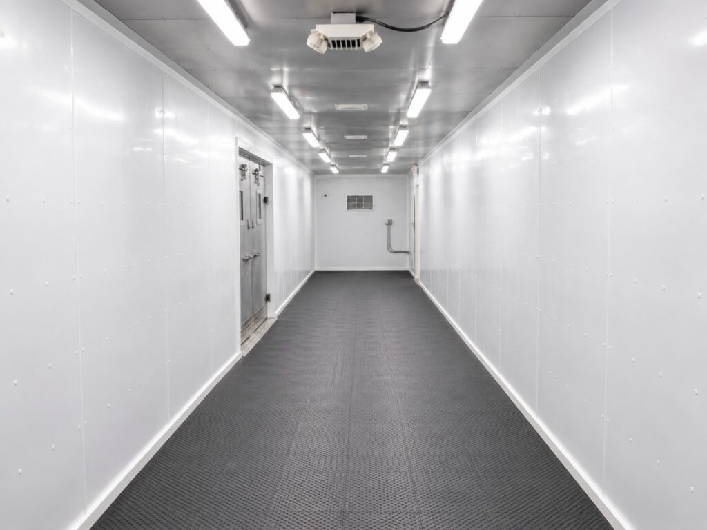 Dry storage area inside KCI’s five-wide temporary hospital kitchen, providing direct access to walk-in cooler and freezer storage.