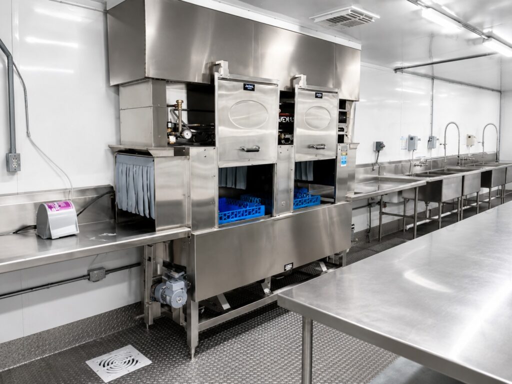 Commercial high-temperature dishmachine and warewashing area inside KCI’s five-wide temporary hospital kitchen at Citizens Memorial Hospital.